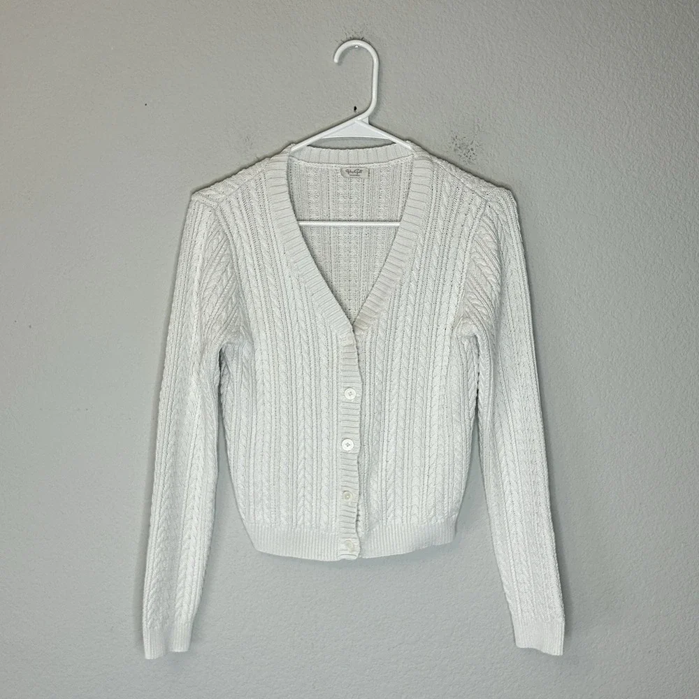 John Galt White Zoe V Neck Cable Knit Button Up Cardigan Women's One Size